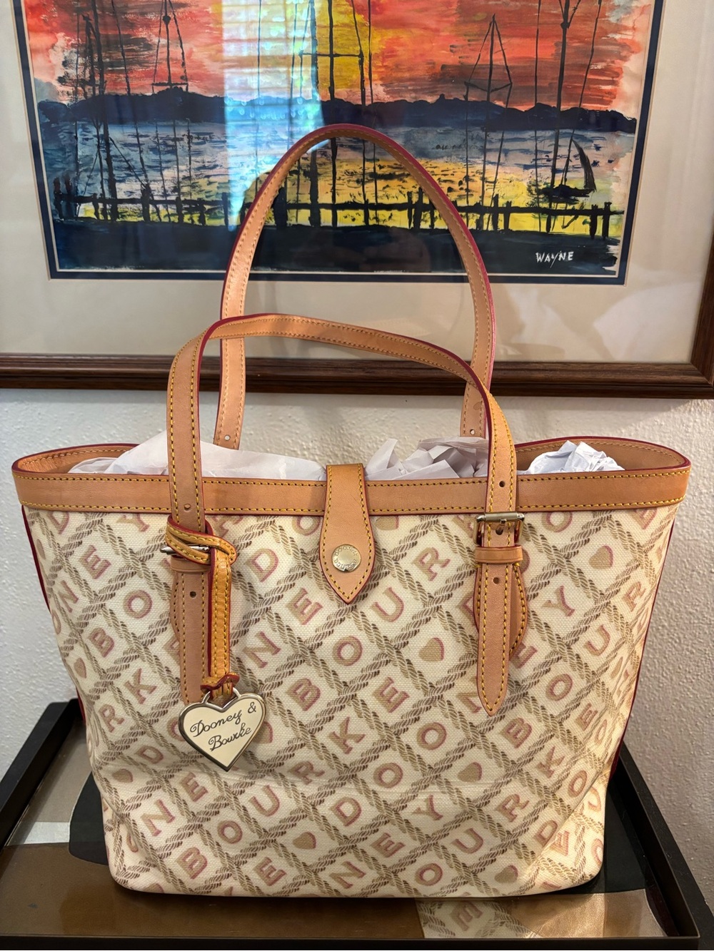 Authentic Dooney & Bourke Beige Monogram Tote with Tan Leather Trim - like New